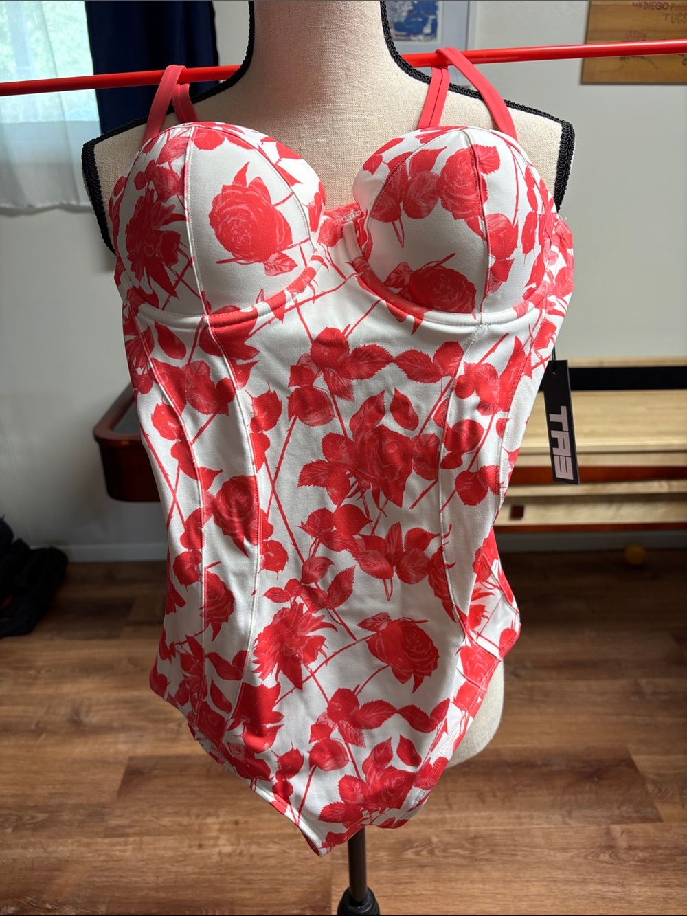 TA3 Rosey Lushy Hipster Coral Red Floral Bustier Swim Chemise — Sculpted Support